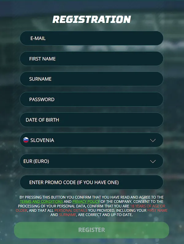 Registracijski obrazec 22Bet z vnosom e-pošte, osebnih podatkov, države Slovenije in valute EUR