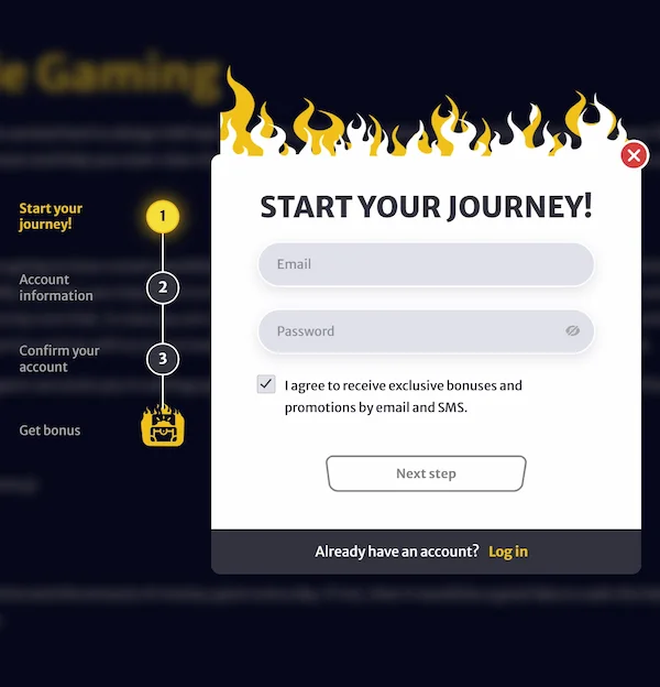 Registracijski obrazec Hell Spin Casino z vnosom e-pošte, gesla in prikazom korakov prijave