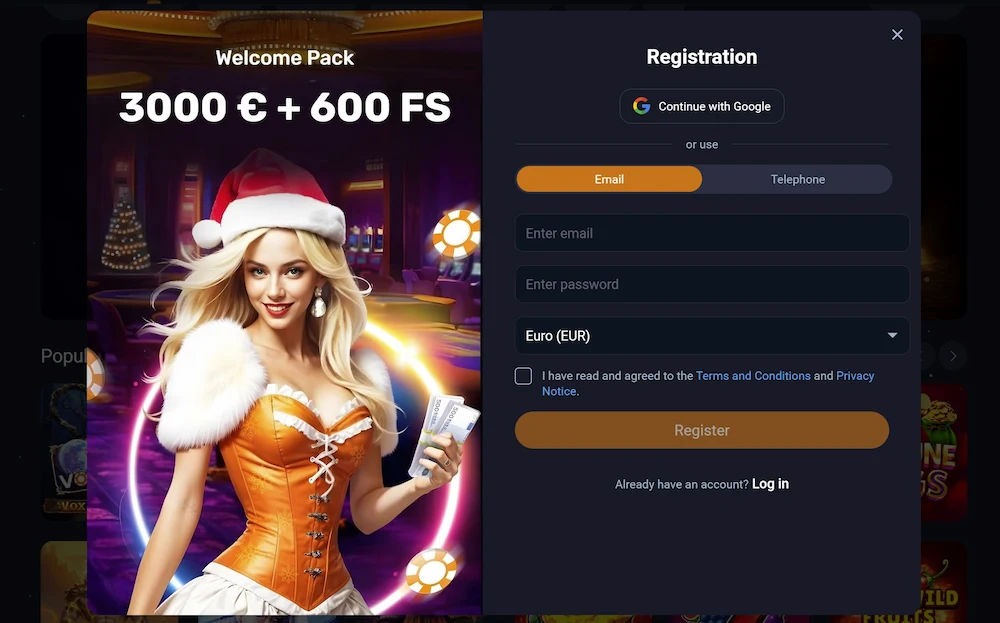 Registracijski obrazec in dobrodošlični paket v Vox Casino