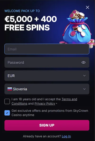Registracija računa v Skycrown Casino za slovenske igralce